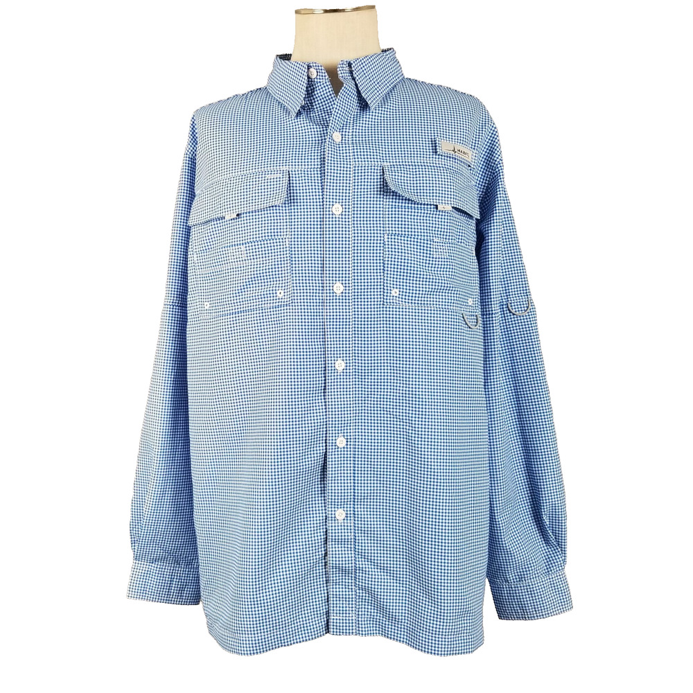 Habit Fishing Shirt Mens XL Marlin Blue Check Long Sleeve UPF 40 Pockets Outdoor